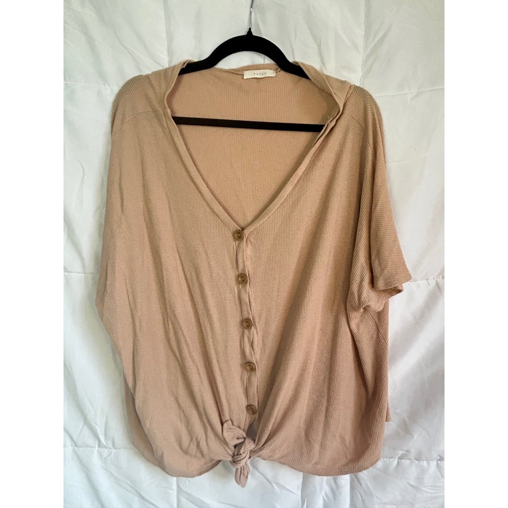 entro Tan Waffle Knit Button Front‎ Tie Front Short Sleeve Top Women's Large